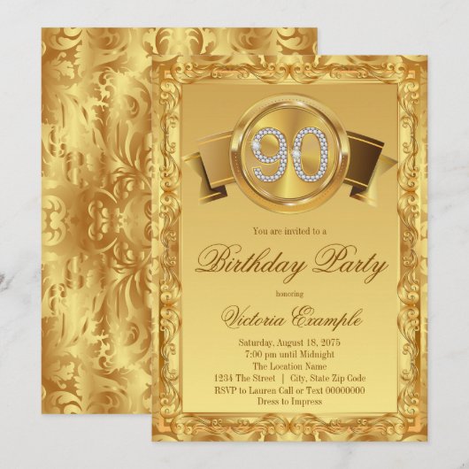 ゴールドダイヤモンドスワール女性90歳の誕生日 招待状 (正面/裏面)