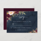 ゴールドダスト バーガンディ ネイビー フラワープリント 出欠カード (正面/裏面)