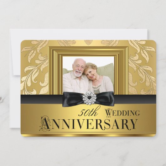 ゴールドダマスクの弓の写真 50周年結婚記念日 4 招待状 (正面)