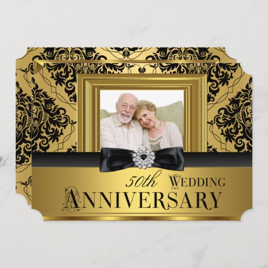ゴールドダマスクボウ フォト 50周年 結婚記念日 3 招待状 (正面/裏面)