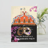 ゴールドダマスクマスクとオレンジのレディーマスクパーティー 招待状 (スタンド正面)