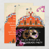 ゴールドダマスクマスクとオレンジのレディーマスクパーティー 招待状 (正面/裏面)