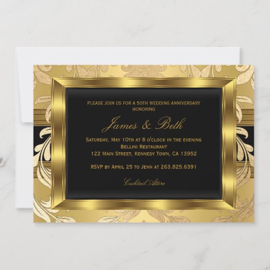 ゴールドダマスク写真 50周年結婚記念日 招待状 (裏面)
