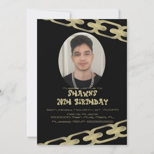 ゴールドチェーン 大人の誕生日パーティー 写真招待状 招待状 (正面)