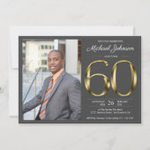 ゴールドテキスト ダークグレー クラシック フォト 60歳の誕生日 招待状 (正面)