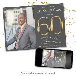 ゴールドテキスト ダークグレー クラシック フォト 60歳の誕生日 招待状