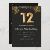 ゴールドトロピカルパームリーフ 12歳の誕生日 招待状 (正面/裏面)