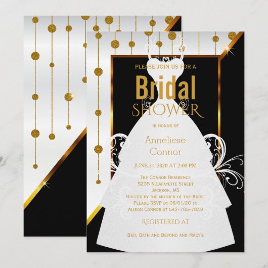 ゴールドドット ブラックアンドホワイト ブライダル インビテーション (正面/裏面)