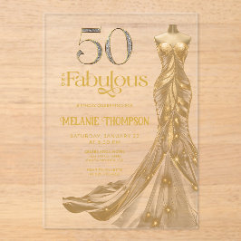ゴールドドレスのファイブティー・ファビュラスな50歳の誕生日写真 アクリル招待状