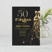 ゴールドドレスの黒い50歳の誕生日お祝い 招待状 (スタンド正面)