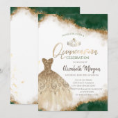 ゴールドドレスティアラ、グリーングリッターのキンセアニェーラ 招待状 (正面/裏面)