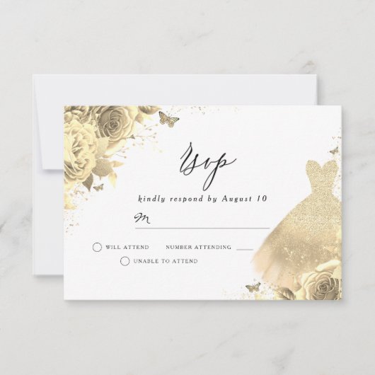 ゴールドドレス＆フラワー 誕生日 ブライダルシャワー 出欠カード (正面)