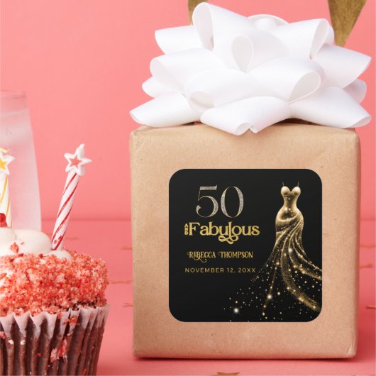 ゴールドドレス ブラック 50歳の誕生日おめでとう スクエアシール (パーティー)