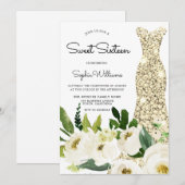 ゴールドドレス 白い花 スイート16 バースデーパーティー 招待状 (正面/裏面)