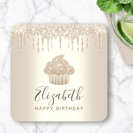 ゴールドネームカップケーキグリッター垂れ下がりスクリプト誕生日 スクエアペーパーコースター