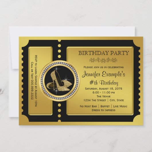 ゴールドハイヒールシューズの誕生日パーティー 招待状 (正面)