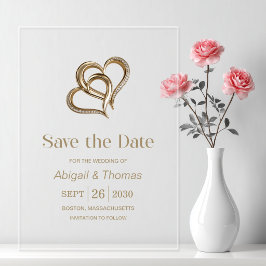 ゴールドハートとダイヤモンドの結婚式Save the Date アクリル招待状