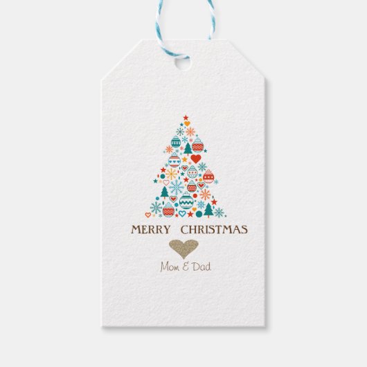 ゴールドハートと松の木のカラフルボール クリスマス ギフトタグ (正面)