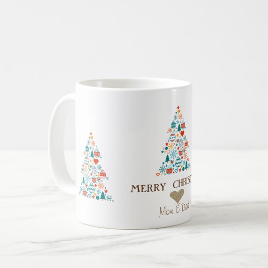 ゴールドハートと松の木のカラフルボール クリスマス コーヒーマグカップ (正面左)