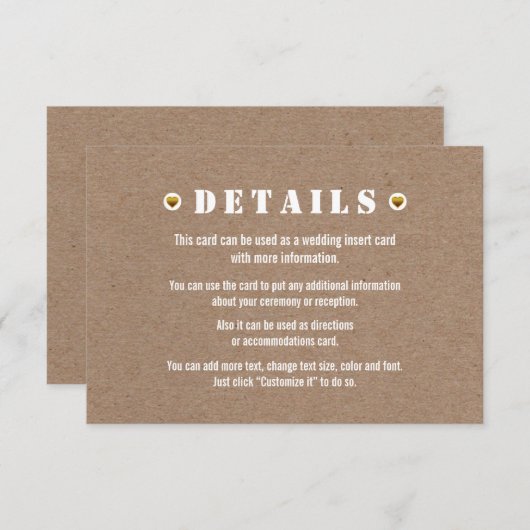 ゴールドハートの段ボールウェディング詳細挿入カード エンクロージャーカード (正面/裏面)