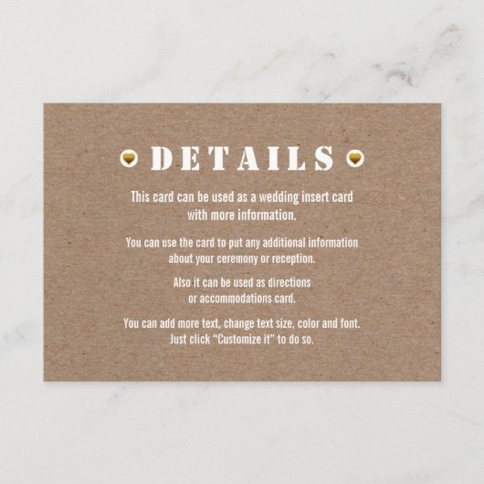 ゴールドハートの段ボールウェディング詳細挿入カード エンクロージャーカード (正面)