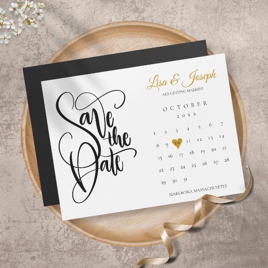 ゴールドハートの結婚式日付けカード カレンダー Save the Date