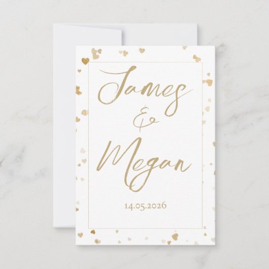 ゴールドハートの結婚式日程事前通知カード セーブザデート (正面)