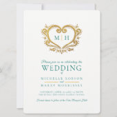 ゴールドハートの結婚式 ダークエメラルドグリーンとホワイト 招待状 (正面)