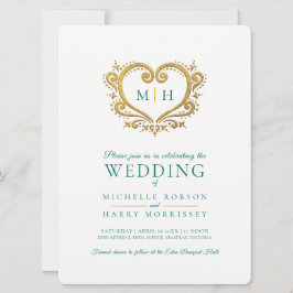 ゴールドハートの結婚式 ダークエメラルドグリーンとホワイト 招待状