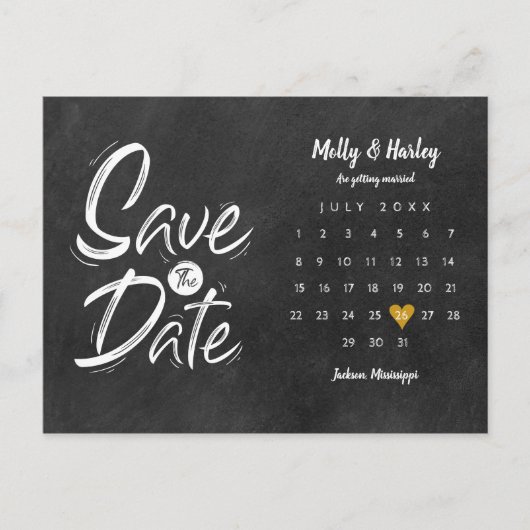 ゴールドハートの黒板カレンダー Save the Date ポストカード (正面)