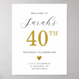 ゴールドハート40歳の誕生日ウェルカムサイン ポスター