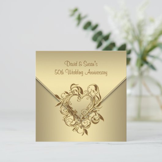 ゴールドハート エレガントゴールド 50周年 結婚記念日 招待状 (スタンド正面)