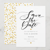ゴールドハート ブラック＆ホワイト スクリプト セーブ・ザ・デート 招待状 (正面/裏面)