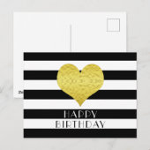 ゴールドハート ブラック ホワイト ストライプ ハッピー バースデー ポストカード (正面/裏面)
