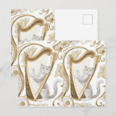 ゴールドハープねこポストカード - エレガントなファンタジーアート ポストカード (正面/裏面)