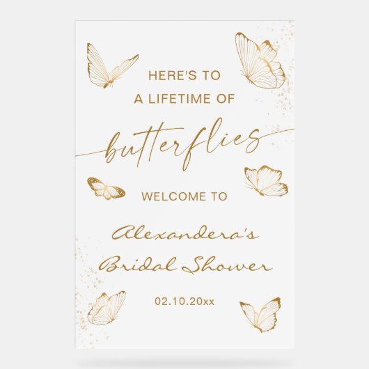 ゴールドバタフライ ブライダルシャワーのお出迎え アクリルサイン (正面)