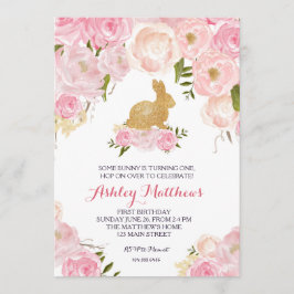 ゴールドバニー誕生日ピンクの花の招待状 招待状