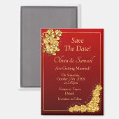 ゴールドバラの「Save The Date」マゼンタ 5" x 2.5" 冷蔵庫 マグネット (正面/裏面)