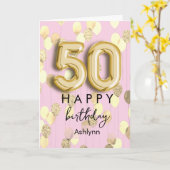 ゴールドバルーンの50歳の誕生日お祝い カード (黄色い花)