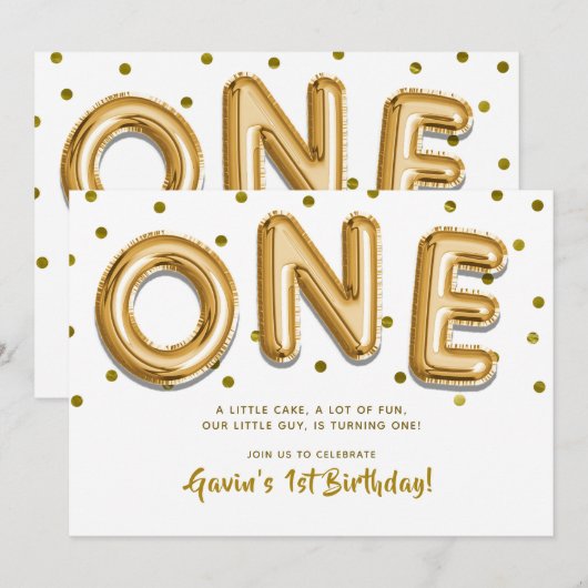 ゴールドバルーン&コンフェッティ ワン ファーストバースデーパーティー 招待状 (正面/裏面)