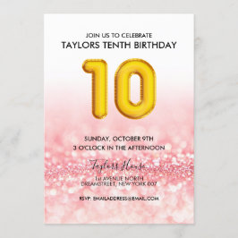 ゴールドバルーン ピンクグリッター 10歳の誕生日パーティー 招待状