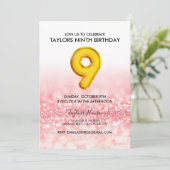 ゴールドバルーン ピンクグリッター 9歳の誕生日パーティー 招待状 (スタンド正面)