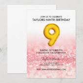 ゴールドバルーン ピンクグリッター 9歳の誕生日パーティー 招待状 (正面/裏面)