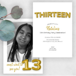 ゴールドバルーン 13歳の誕生日写真招待状 招待状
