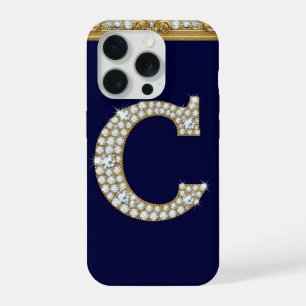 ✨ ゴールドバロック ネイビー ラグジュアリーフレームのCの宝石モノグラム iPhone 15 PROケース