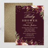ゴールドバーガンディフラワースパークル ベビーシャワー 招待状 (正面/裏面)