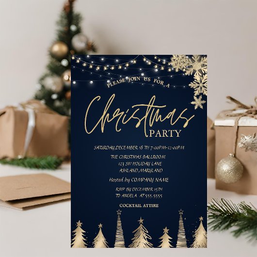ゴールドパインタリースノーフレークブルークリスマス企業 招待状