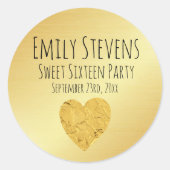 ゴールドパーソナライズされたフォイルハートスウィート16ステッカー ラウンドシール (正面)