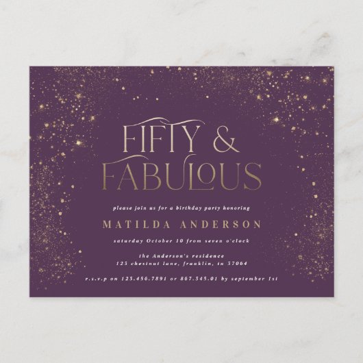 ゴールドパープルのグリッターが煌く、50歳にして最高の誕生日パーティー ポストカード (正面)