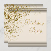 ゴールドパールスワール 女性の象牙色 ゴールド 誕生日パーティー 招待状 (正面/裏面)